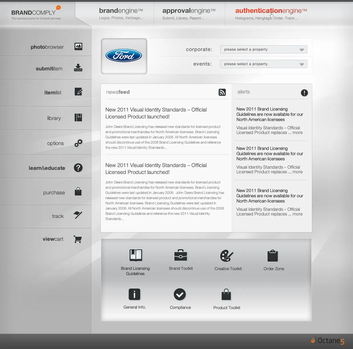 The BrandComply dashboard themed for Ford, with brandengine, approvalengine and authenticationengine across the top, a side menu, a news feed, alerts and a grid of brand toolkits