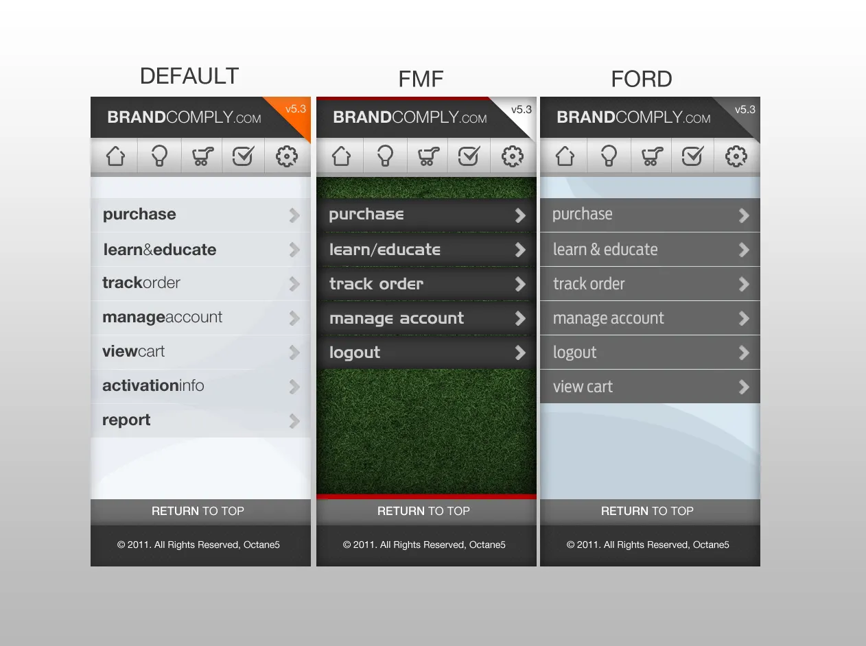 The BrandComply mobile app shown three times, in its default theme, an FMF theme with a grass background, and a Ford theme
