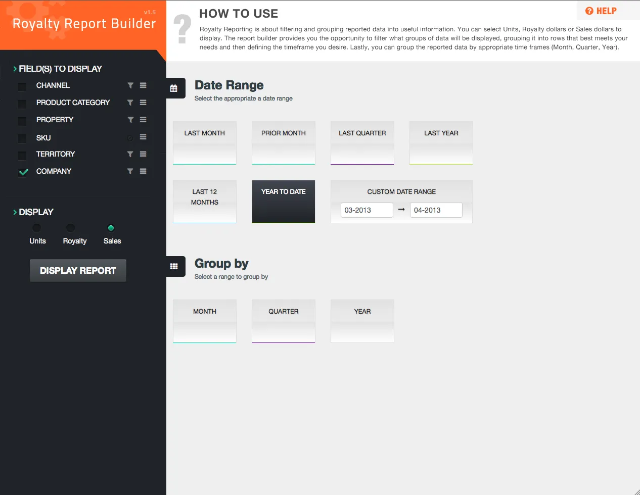 The Royalty Report Builder, with fields to display on the left and date range and grouping options on the right