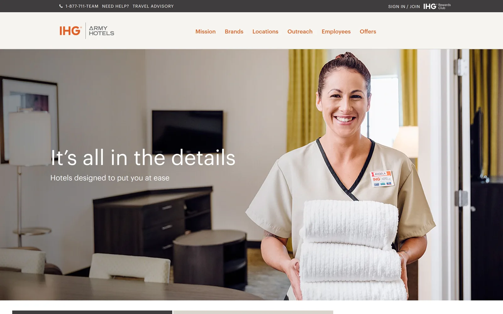 The IHG Army Hotels home page in October 2019, with the brand nav and a full-width hero photo