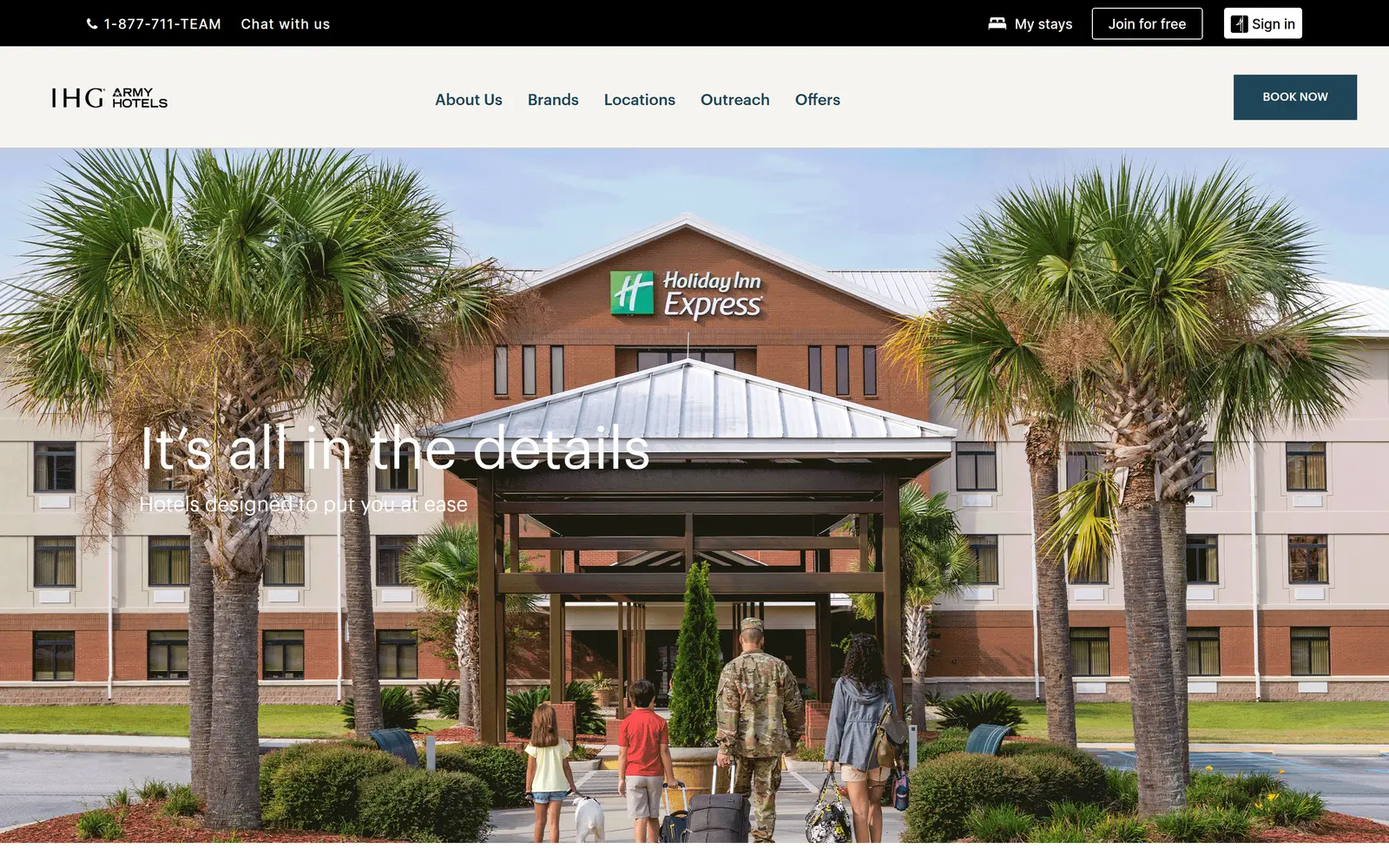 The IHG Army Hotels home page in November 2025, with a family welcoming a soldier home