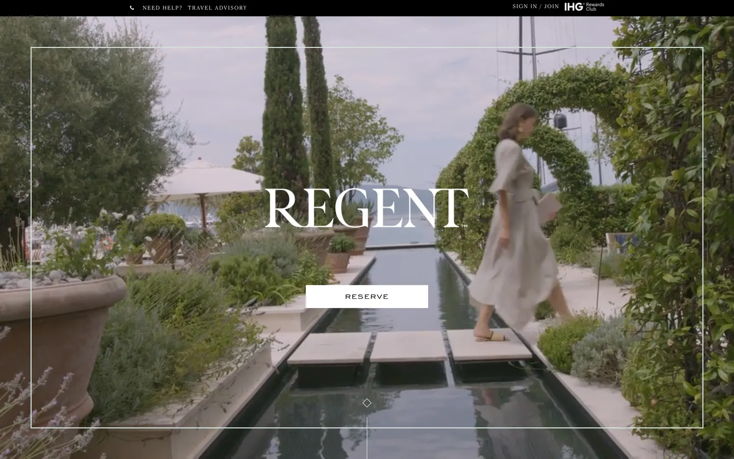 The Regent home page in March 2020, a full-screen garden photo with the Regent wordmark and a Reserve button inside a thin frame