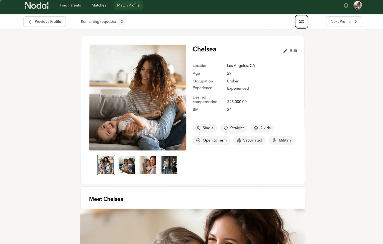 A surrogate's profile in the Nodal web app, with her photos, details and the Find Parents, Matches and Match Profile tabs