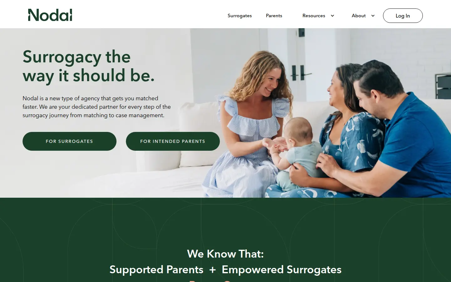 The Nodal home page, with a surrogate and intended parents together with a baby