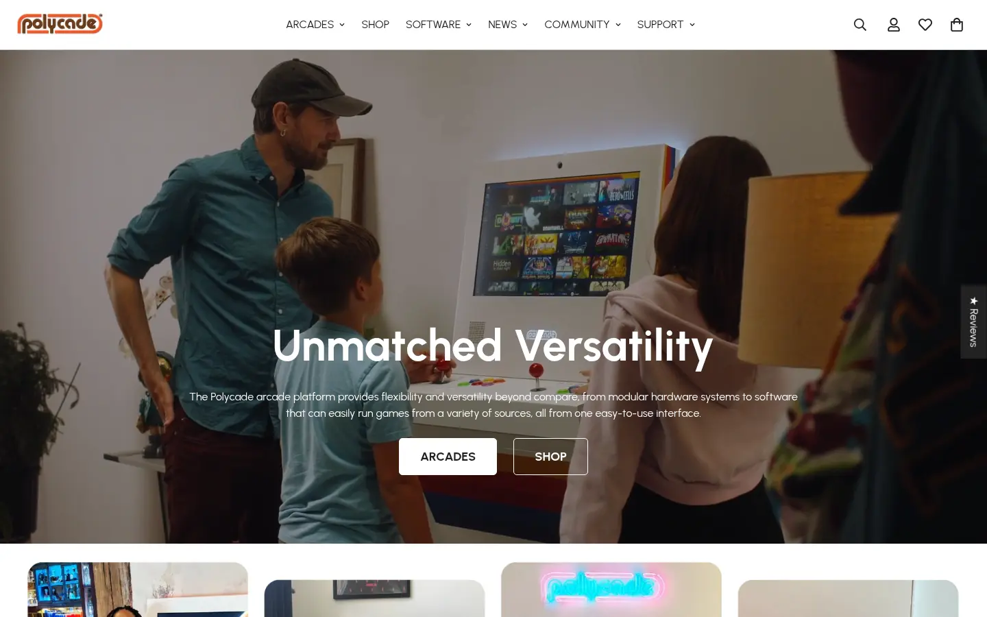 The polycade.com home page, with a family playing at a Polycade cabinet