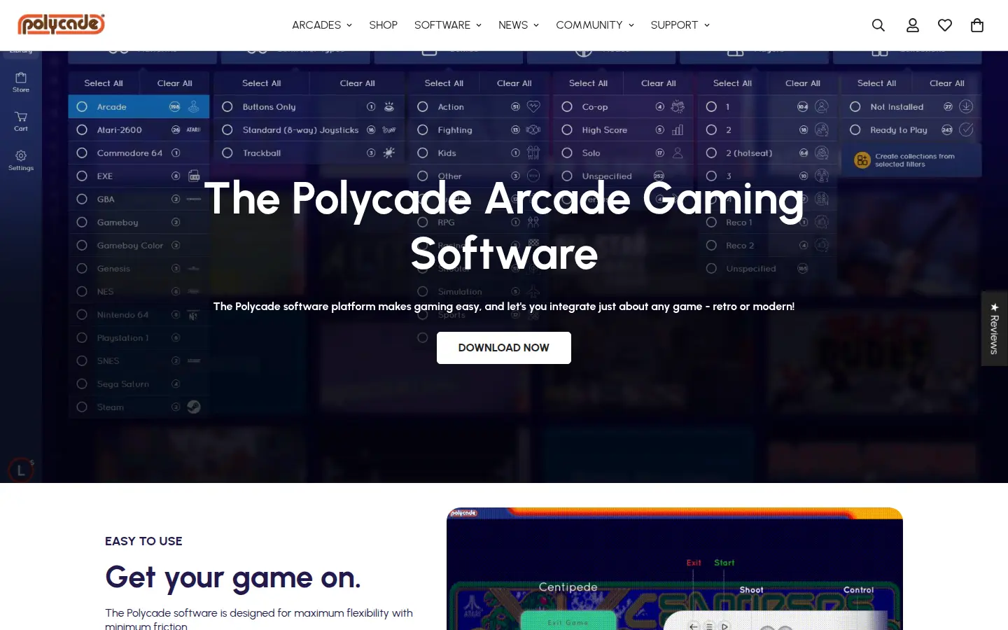 The Polycade software page, with the game library's filter panel behind the headline
