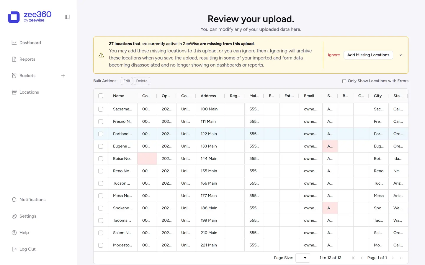 Reviewing a spreadsheet upload in zee360, with invalid cells flagged and a warning about 27 locations missing from the file