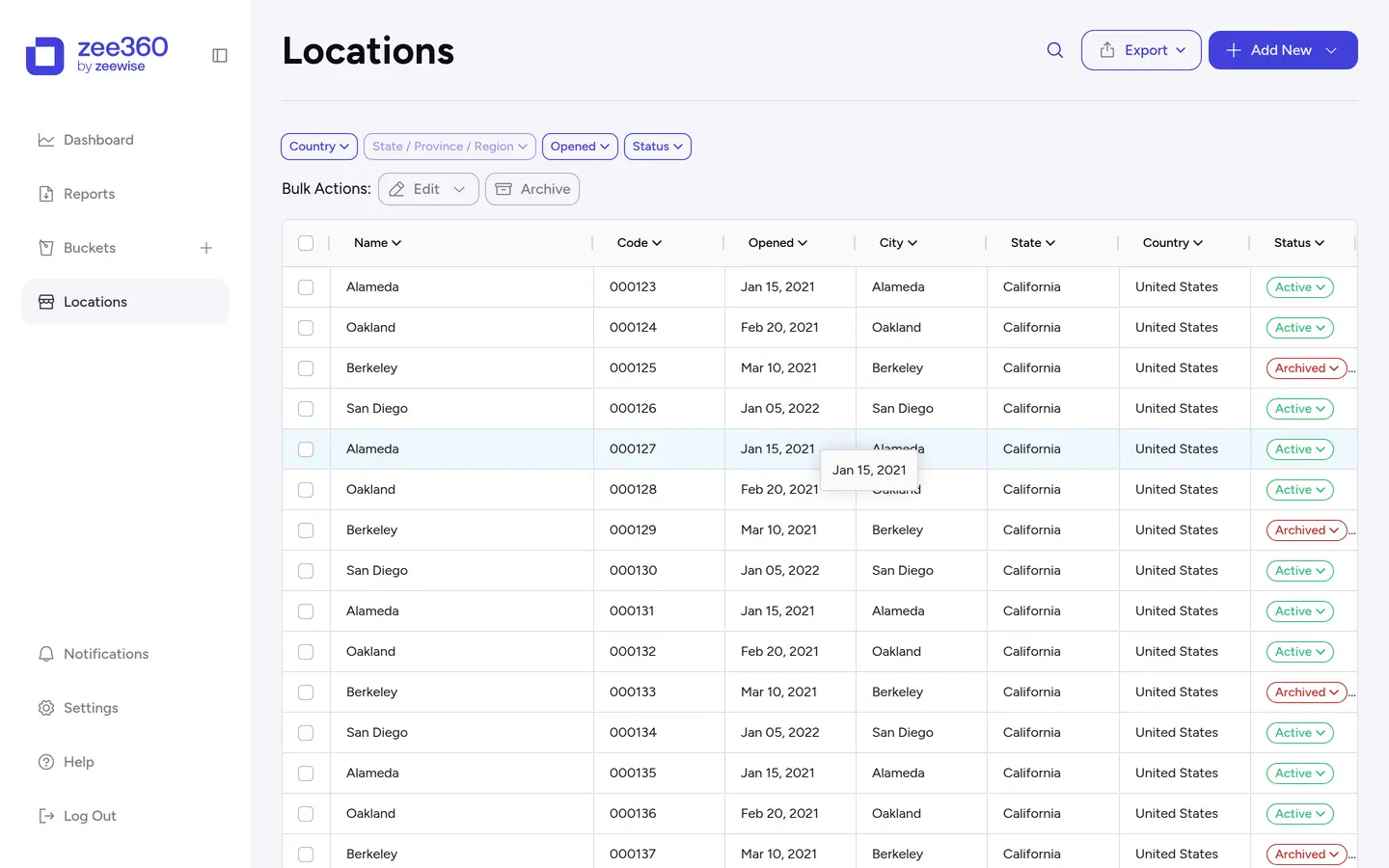 The zee360 locations list, with filters, bulk actions and a status column
